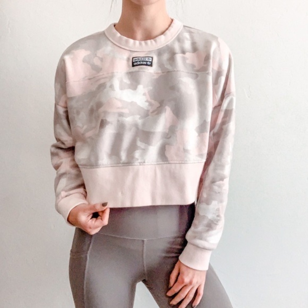 Adidas pink camo cropped crewneck sweatshirt